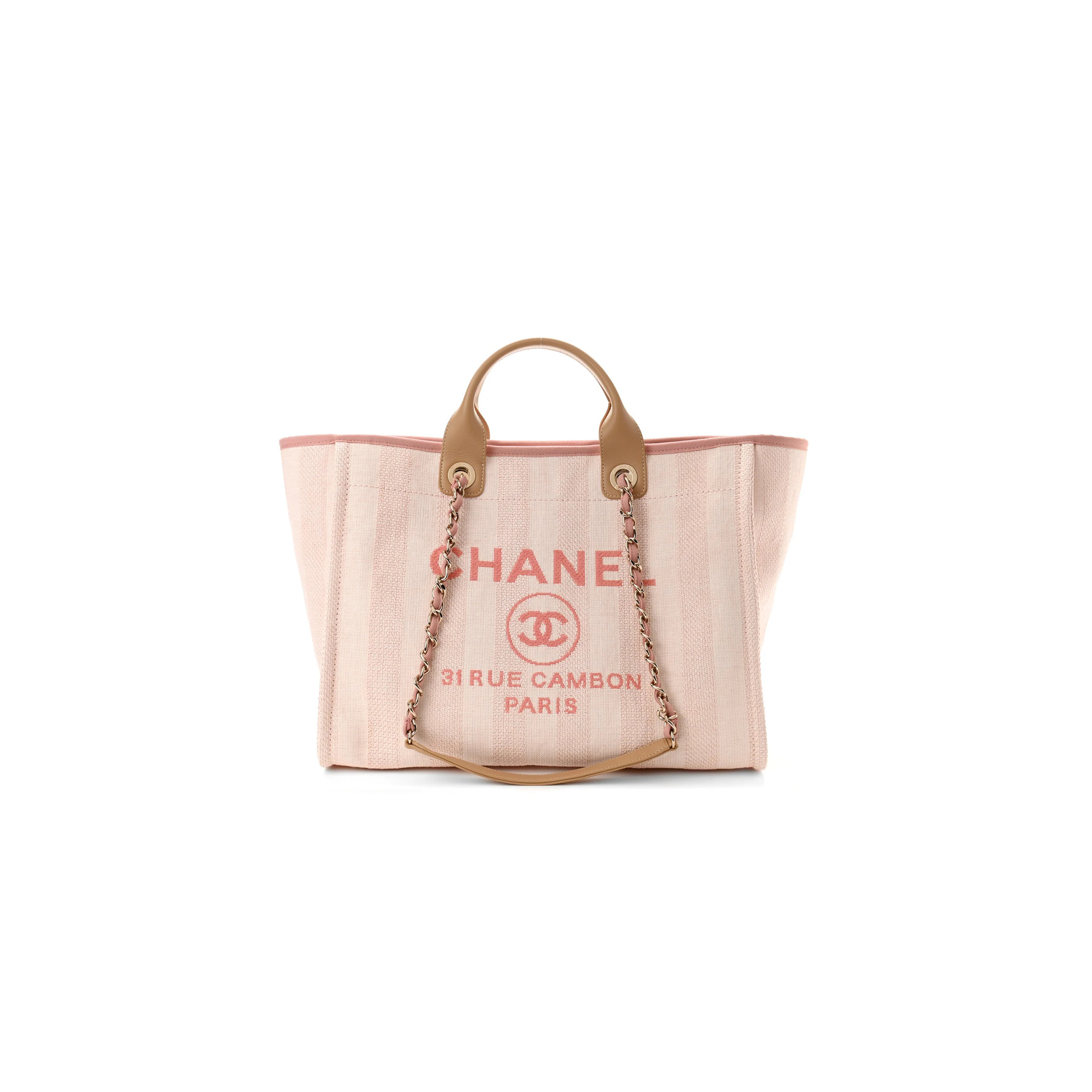 CHANEL MIXED FIBERS CALFSKIN STRIPED MEDIUM DEAUVILLE TOTE LIGHT PINK (39*30*22cm)